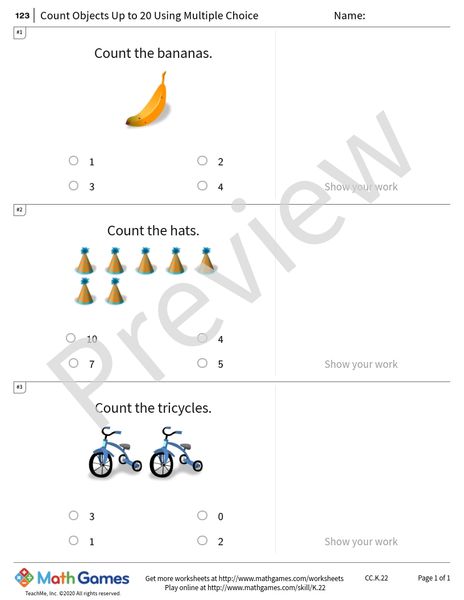 Sample full worksheet preview for Count Objects Up to 20 Using Multiple Choice