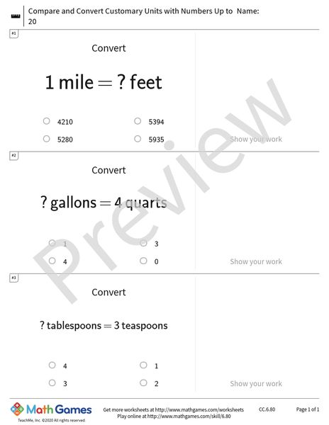 Sample full worksheet preview for Compare and Convert Customary Units with Numbers Up to 20