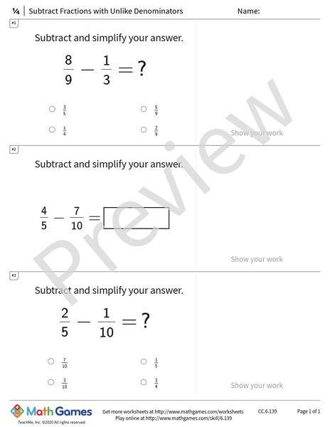 Sample full worksheet preview for Subtract Fractions with Unlike Denominators