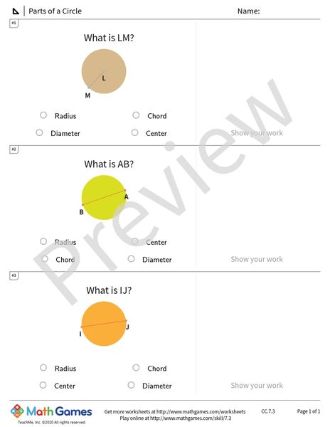 Sample full worksheet preview for Parts of a Circle