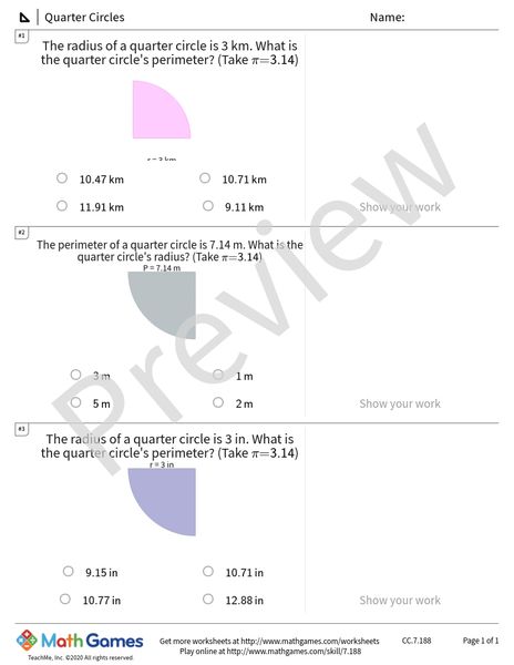 Sample full worksheet preview for Quarter Circles