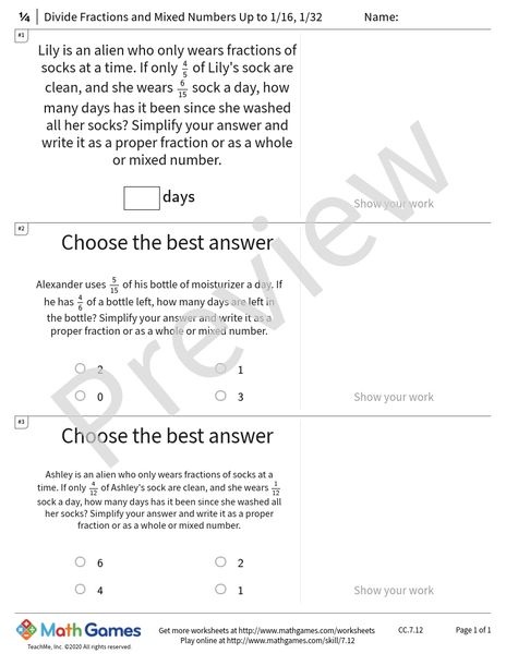 Sample full worksheet preview for Divide Fractions and Mixed Numbers Up to 1/16, 1/32