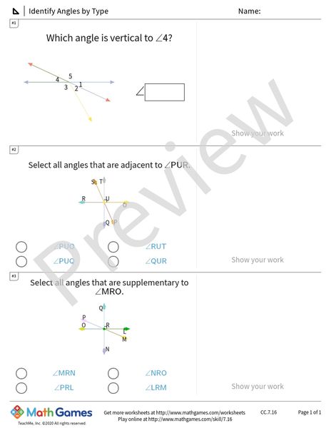 Sample full worksheet preview for Identify Angles by Type