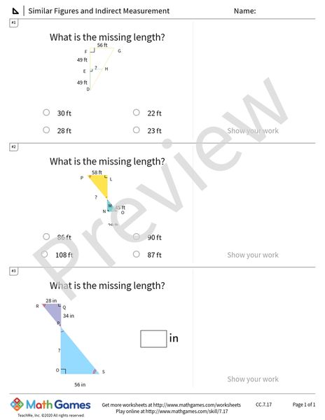 Sample full worksheet preview for Similar Figures and Indirect Measurement