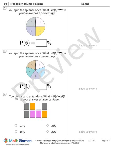 Sample full worksheet preview for Probability of Simple Events