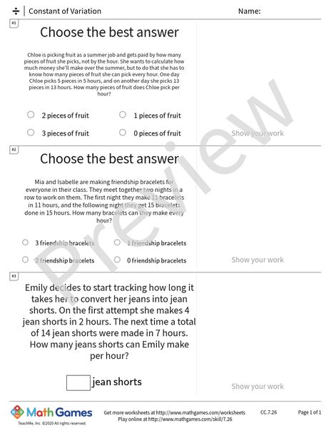 Sample full worksheet preview for Constant of Variation