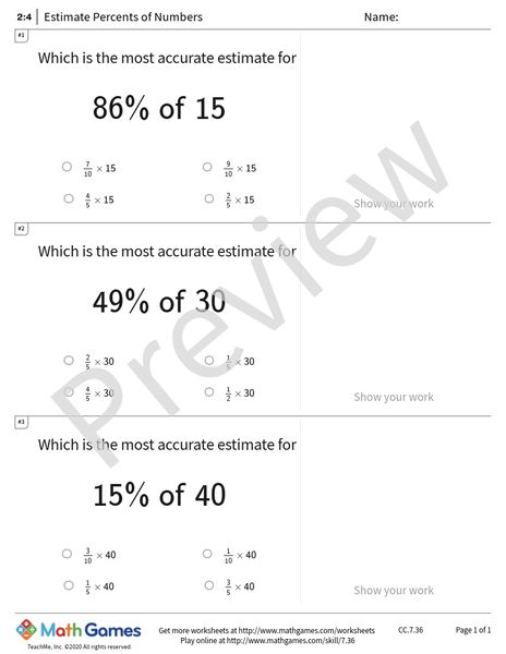 Sample full worksheet preview for Estimate Percents of Numbers
