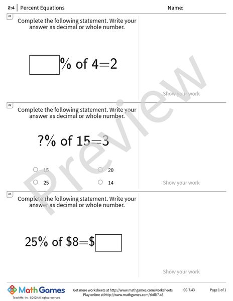Sample full worksheet preview for Percent Equations