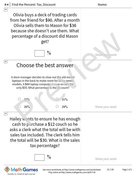 Sample full worksheet preview for Find the Percent: Tax, Discount