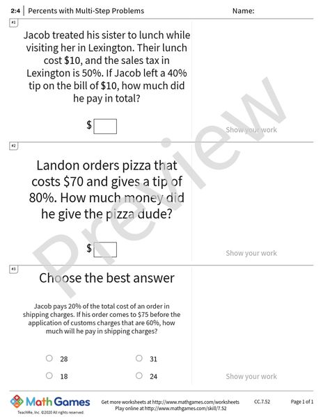 Sample full worksheet preview for Percents with Multi-Step Problems