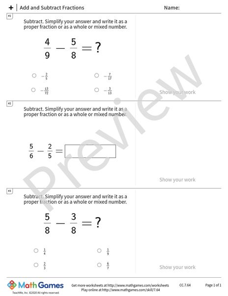 Sample full worksheet preview for Add and Subtract Fractions