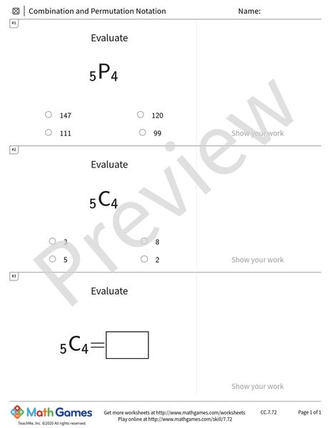 Sample full worksheet preview for Combination and Permutation Notation