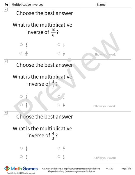 Sample full worksheet preview for Multiplicative Inverses