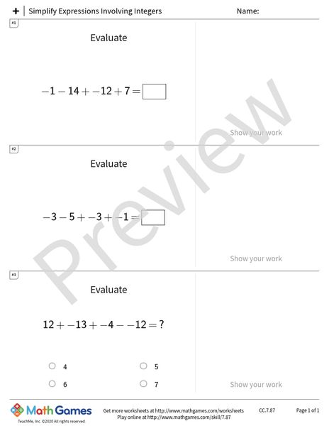 Sample full worksheet preview for Simplify Expressions Involving Integers