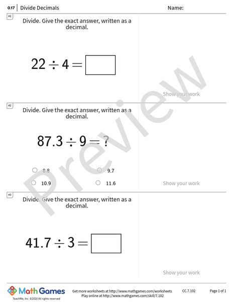 Sample full worksheet preview for Divide Decimals