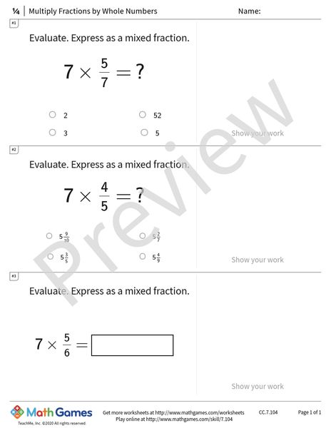 Sample full worksheet preview for Multiply Fractions by Whole Numbers