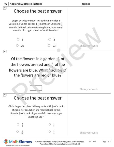 Sample full worksheet preview for Add and Subtract Fractions