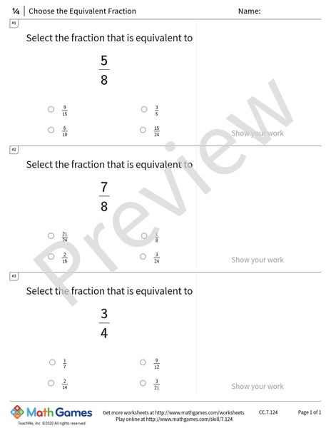 Sample full worksheet preview for Choose the Equivalent Fraction