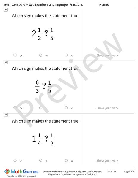 Sample full worksheet preview for Compare Mixed Numbers and Improper Fractions