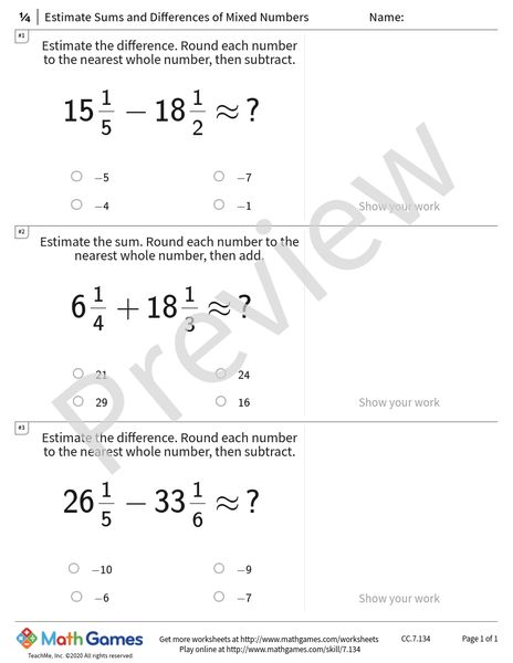 Sample full worksheet preview for Estimate Sums and Differences of Mixed Numbers