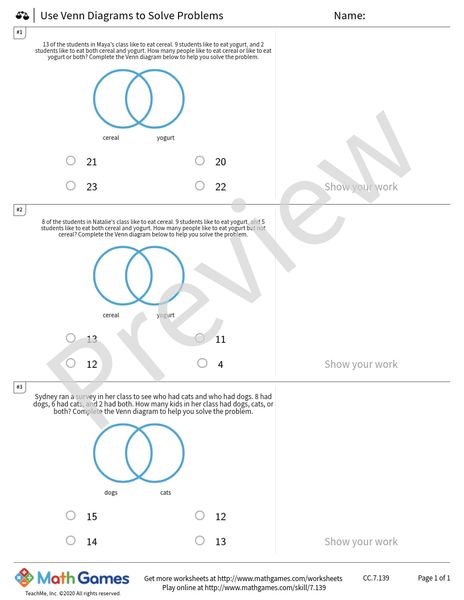Sample full worksheet preview for Use Venn Diagrams to Solve Problems