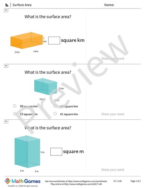Sample full worksheet preview for Surface Area