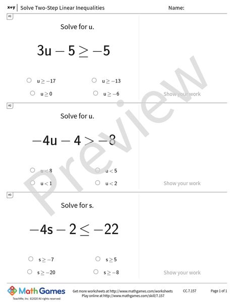 Sample full worksheet preview for Solve Two-Step Linear Inequalities