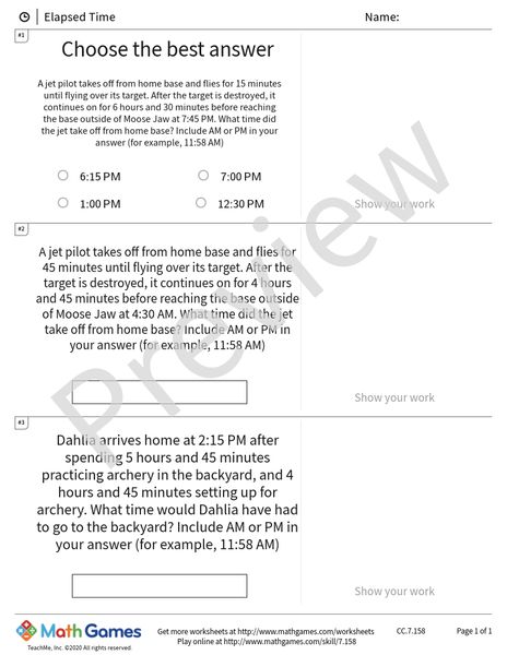 Sample full worksheet preview for Elapsed Time