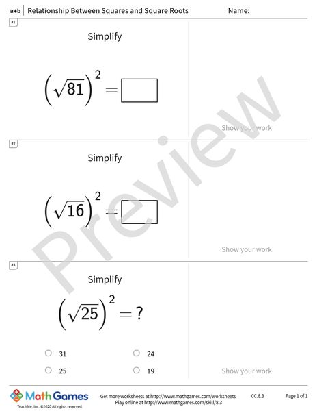 Sample full worksheet preview for Relationship Between Squares and Square Roots