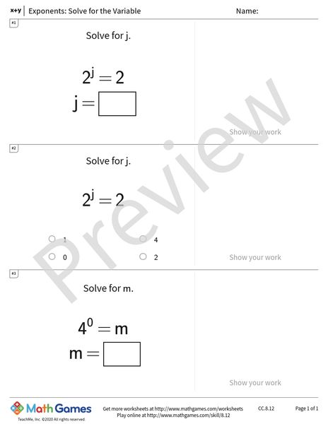 Sample full worksheet preview for Exponents: Solve for the Variable