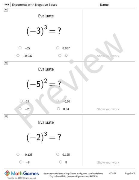 Sample full worksheet preview for Exponents with Negative Bases