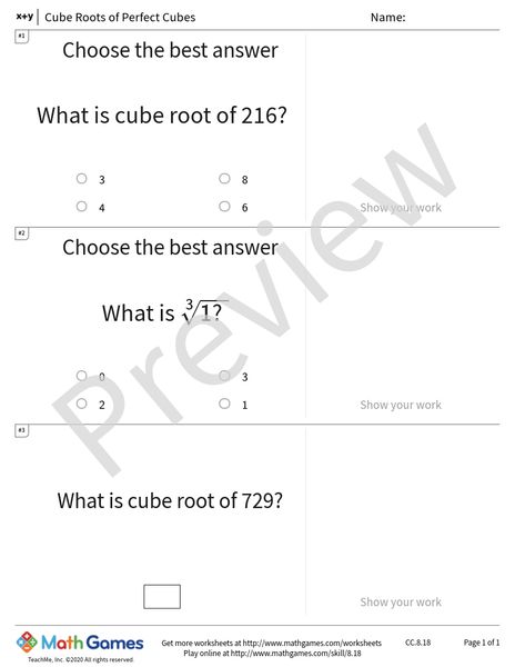 Sample full worksheet preview for Cube Roots of Perfect Cubes