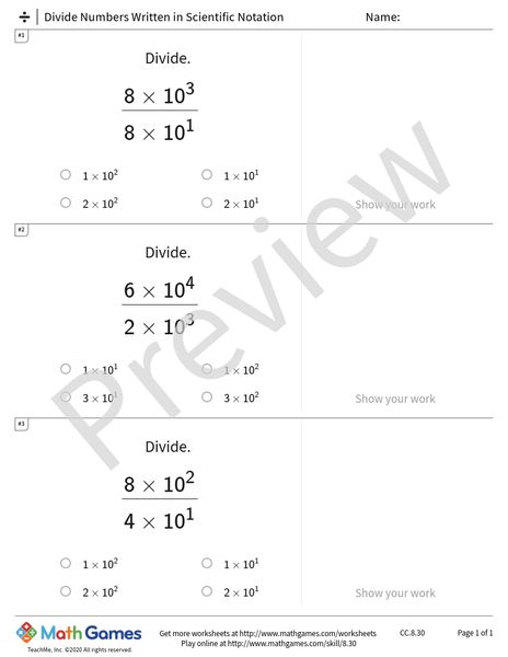 Sample full worksheet preview for Divide Numbers Written in Scientific Notation