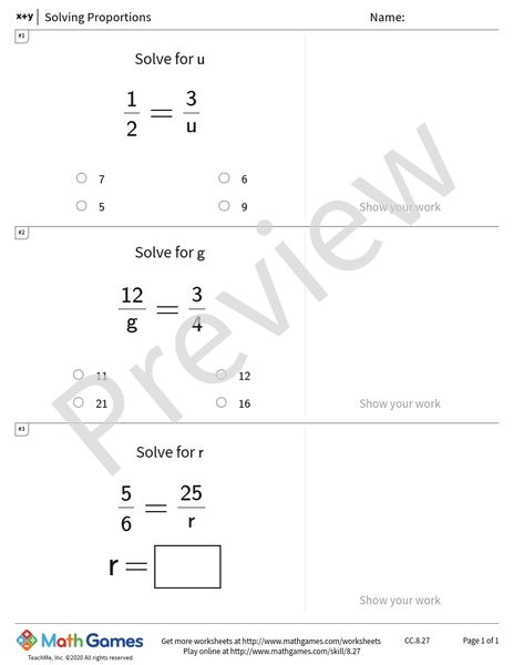 Sample full worksheet preview for Solving Proportions