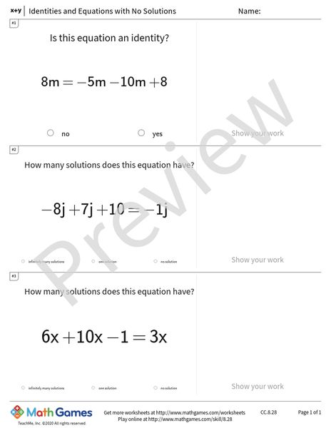 Sample full worksheet preview for Identities and Equations with No Solutions