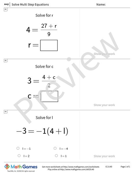 Sample full worksheet preview for Solve Multi Step Equations