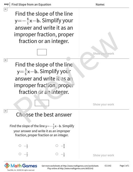 Sample full worksheet preview for Find Slope from an Equation