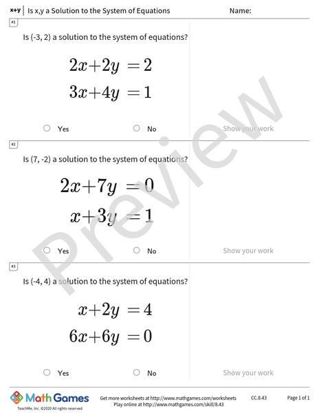 Sample full worksheet preview for Is x,y a Solution to the System of Equations