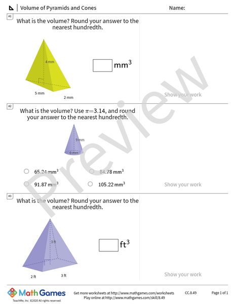 Sample full worksheet preview for Volume of Pyramids and Cones