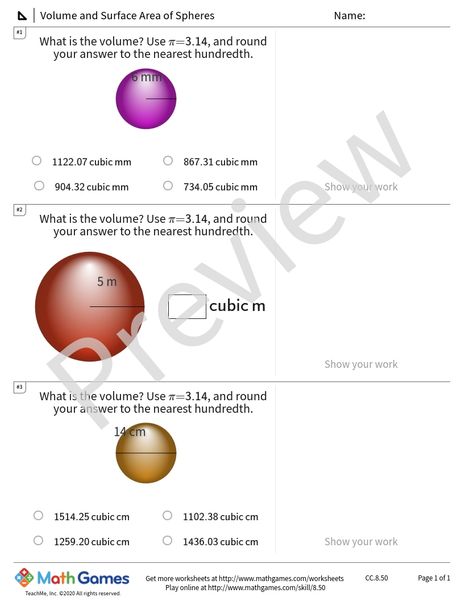 Sample full worksheet preview for Volume and Surface Area of Spheres