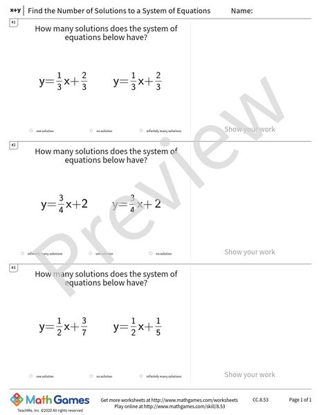 Sample full worksheet preview for Find the Number of Solutions to a System of Equations