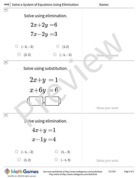 Sample full worksheet preview for Solve a System of Equations Using Elimination