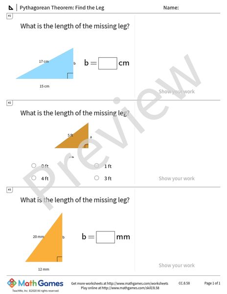Sample full worksheet preview for Pythagorean Theorem: Find the Leg