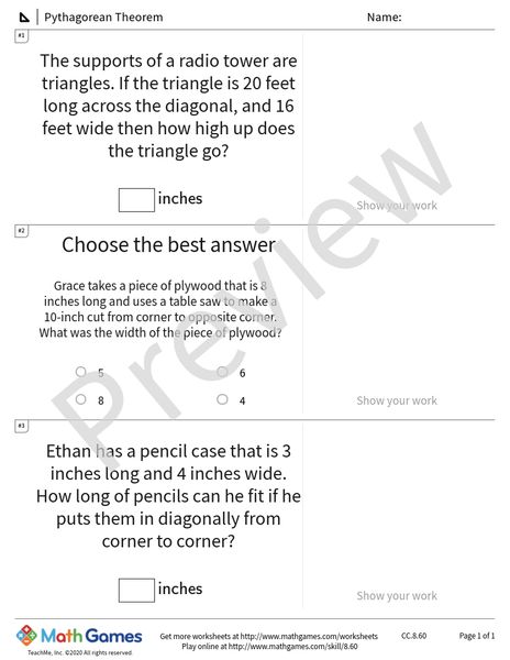 Sample full worksheet preview for Pythagorean Theorem