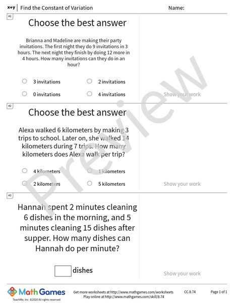 Sample full worksheet preview for Find the Constant of Variation