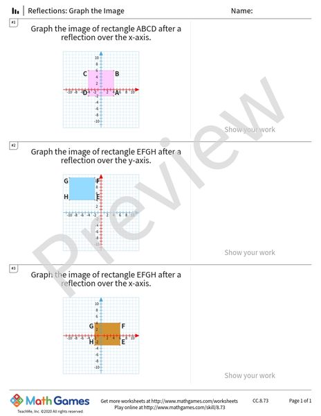 Sample full worksheet preview for Reflections: Graph the Image