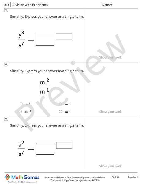Sample full worksheet preview for Division with Exponents