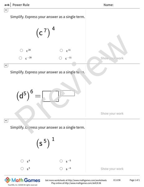 Sample full worksheet preview for Power Rule