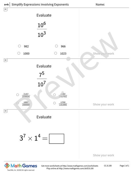 Sample full worksheet preview for Simplify Expressions Involving Exponents