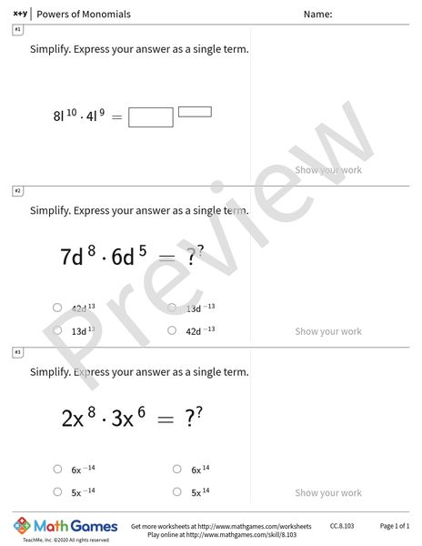 Sample full worksheet preview for Powers of Monomials